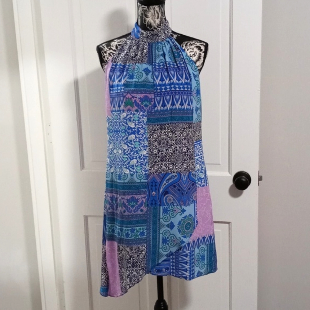 🆕️ 💜HTF Alice & Trixie💜 - Blue/Purple Floral Faux Wrap Halter Neck Silk Dress